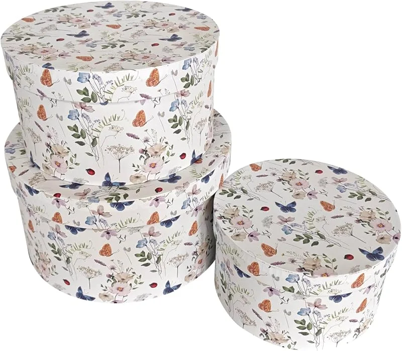 Marke: 2474U 3er-Set Geschenkboxen - PapeRoom - aus stabilem Karton – rund – weiß mit Blüten und Schmetterlingen — Geschenkverpackung
