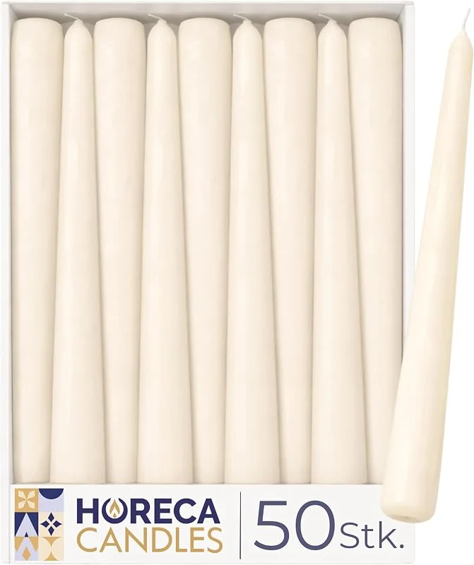 Besuche den HORECA CANDLES-Store Horeca Candles - Spitzkerzen – Elfenbein Ø 2, 3 x 25 cm - 50er Set Leuchterkerzen für Kerzenhalter - 7, 5 Stunden Brenndauer - Tropffrei, Rauchfrei, Duftfrei — Kerzenlicht Abendessen