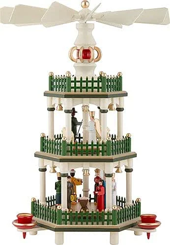 Marke: Volker & Heiko Flath 3-st?ckige Pyramide Christi Geburt - historische Farben wei?, gr?n - 35 cm — Weihnachtsdeko