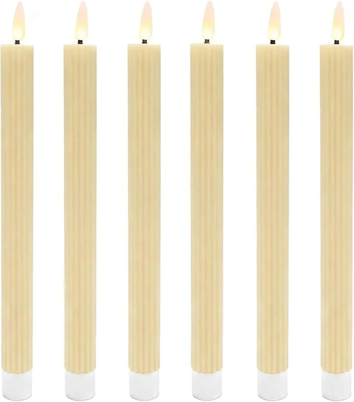 Besuche den Relaxdays-Store Relaxdays LED Stabkerzen, 6er Set, HxD: 25 x 2 cm, flackernde Flamme, Echtwachs, mit Rillen, flammenlose Kerzen, beige — Kerzenlicht Abendessen