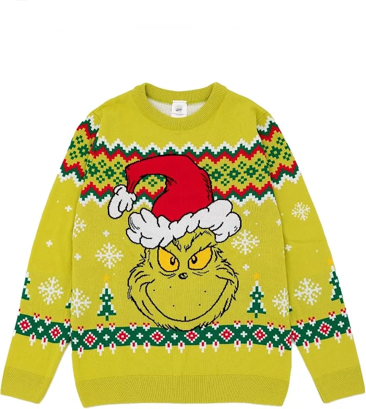 Marke: The Grinch Grinch Herren Grüner Weihnachtspullover aus Strick, Festlicher Feiertagspullover - warm, lustig & kuschelig, Ikonische Themenkleidung für Weihnachtsfeiern, Ideal für Grinch-Fans und Festliche — Weihnachtsmode