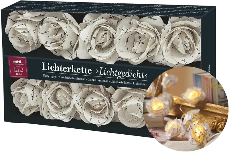 Besuche den moses-Store moses. libri_x Lichterkette Lichtgedicht – Fairy Lights mit Buchseiten-Blüten, warm-weiße LEDs mit Timer-Funktion, ca. 1, 55 m, dekorative Innenbeleuchtung, Weiß — Weihnachtsbeleuchtung