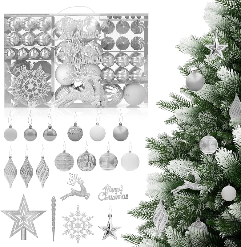 Besuche den LZQ-Store LZQ Weihnachtsbaumschmuck mit Anhänger und Kugeln Lackiert, 108 Stück Weihnachtskugeln aus Kunststoff, Mattweiß, Matt und Glänzend Texturen, Glitzerkugeln für Innen und Außen Weihnachtsbaum, Silber — Weihnachtsdeko