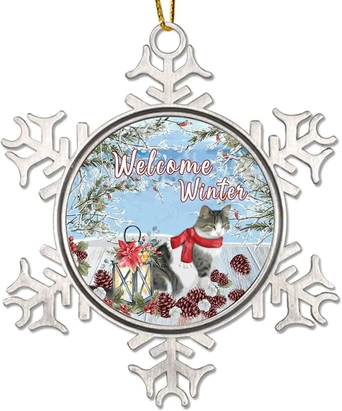 Marke: CowkissSign Weihnachtsdekoration Weihnachtskater Willkommen Winter Weihnachtsdekorationen Winterblume Schneeszene Weihnachtskranz Metall Schneeflocke Xmas Ornaments for Xmas Tree Decor