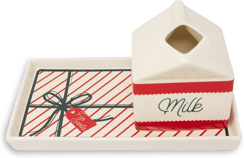 Marke: STEEL MILL AND CO. Steel Mill & Co Keramik Milch & Kekse für Weihnachtsmann Set, 2-teiliges Heiligabend Tablett & Milchkännchen Geschenkbox Design, Urlaub Geschirr Set für festliche Weihnachtsdekoration (Schleife) — Advent und Tisch