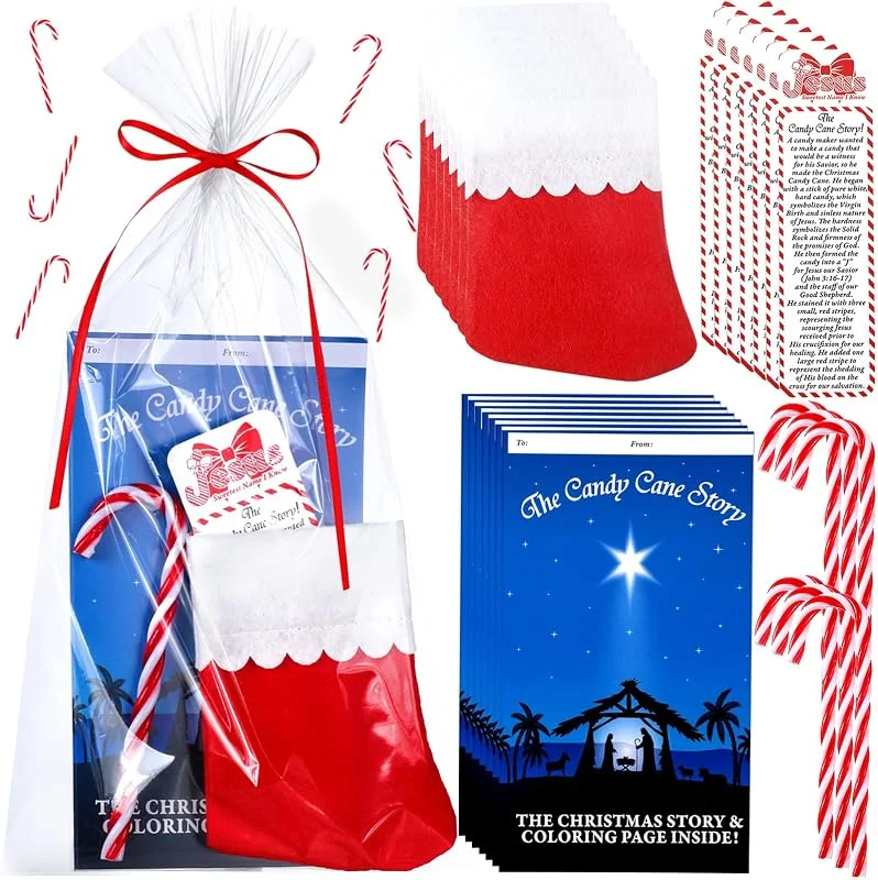 Marke: Fullhawl Fullhawl 24 Sets Weihnachtsstrümpfe mit Zuckerstangen-Geschichte, religiöse Zuckerstangen-Geschichten, Lesezeichen mit Verpackungsbeuteln für Weihnachten, Party, Geschenke, Weihnachtsbaum, hängende — Weihnachtsdeko