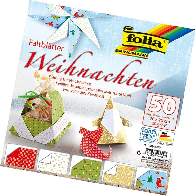 Besuche den folia-Store folia 493, 2020 - Faltblätter Weihnachten, 20 x 20 cm, 80 g, qm, 50 Blatt sortiert in 5 Motiven - ideal für wunderschöne Faltfiguren und -formen — Geschenkverpackung