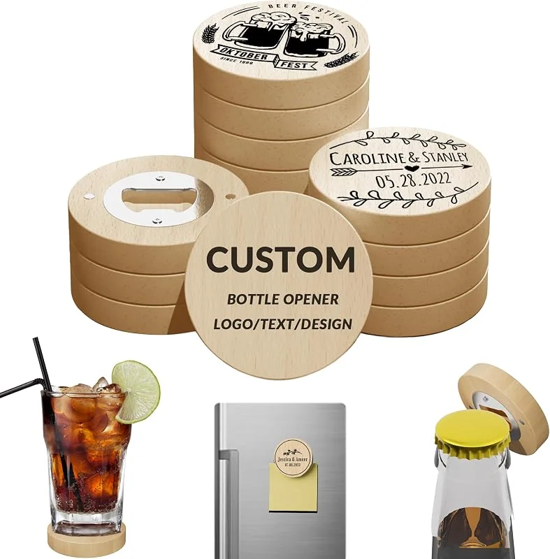 Marke: Hauleruee Magnetischer Flaschenöffner und Untersetzer, personalisierbar, gravierter Text, Logo, Muster, personalisierbar, 10–100 Stück, individueller dekorativer Flaschenöffner aus Holz für Bier, Limonade, Bar — Wein und Festtafel