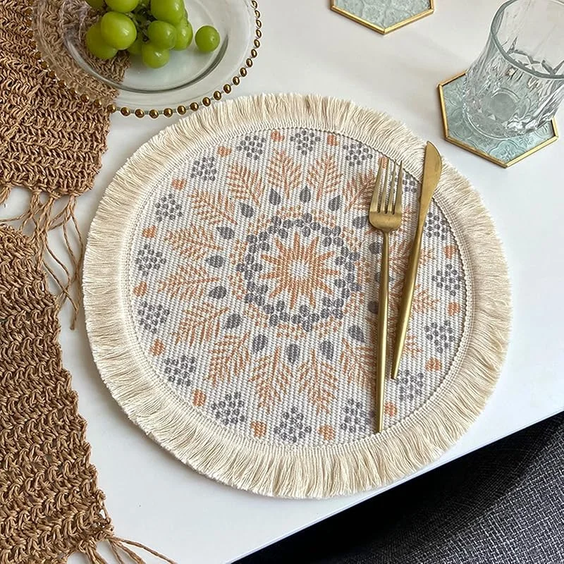 Besuche den Epinki-Store Epinki 2er Set Tischset Boho Rund 33CM, Polyester Baumwolle Platzset Weihnachten Blumen Blatt Muster Hitzebeständige, Tischuntersetzer Wohnzimmer Orange Grau für Zuhause Restaurant Speisetisch — Küche & Haushalt