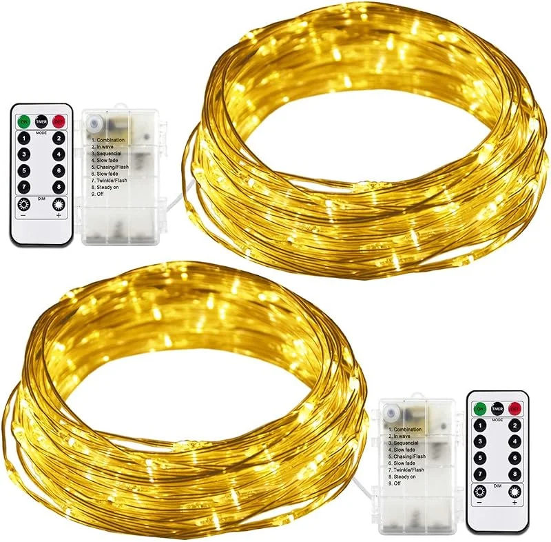 Marke: RcStarry 2 Stück Batterie LED Lichterkette Außen, 100 LEDs 10 Meter Wasserdicht Silberdraht Lichterkette 8 Modi mit Fernbedienung Dekoration für Weihnachten, Garten, Hochzeit - Warmweiß — Weihnachtsbeleuchtung