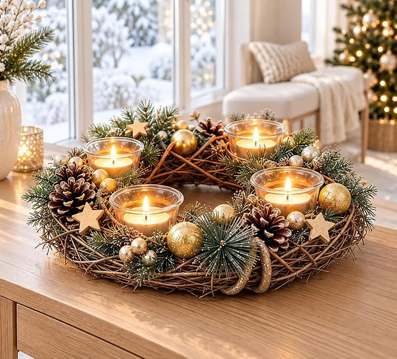 Besuche den KAMACA-Store KAMACA XL Adventskranz Ø 34 cm Holzzweige 4 Glas-Kerzenhalter Gold Deko — Weihnachtsdeko