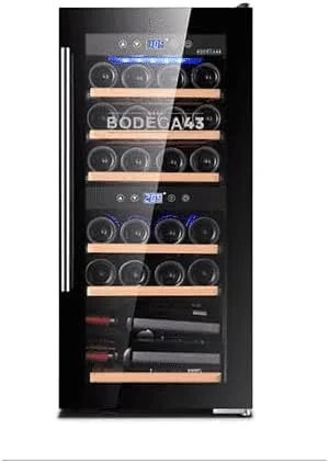 Besuche den BODEGA43-Store BODEGA43-24 Weinkühlschrank - Weinkühlschrank 2 Zonen, 5-20 ºC, 80 Liter, 24 Flaschen, 6 Regaleinschübe, Vollglas-Designtür mit Touchpanel, Geräuscharm (43 dB) & sehr vibrationsarm, Schwarz — Wein und Festtafel