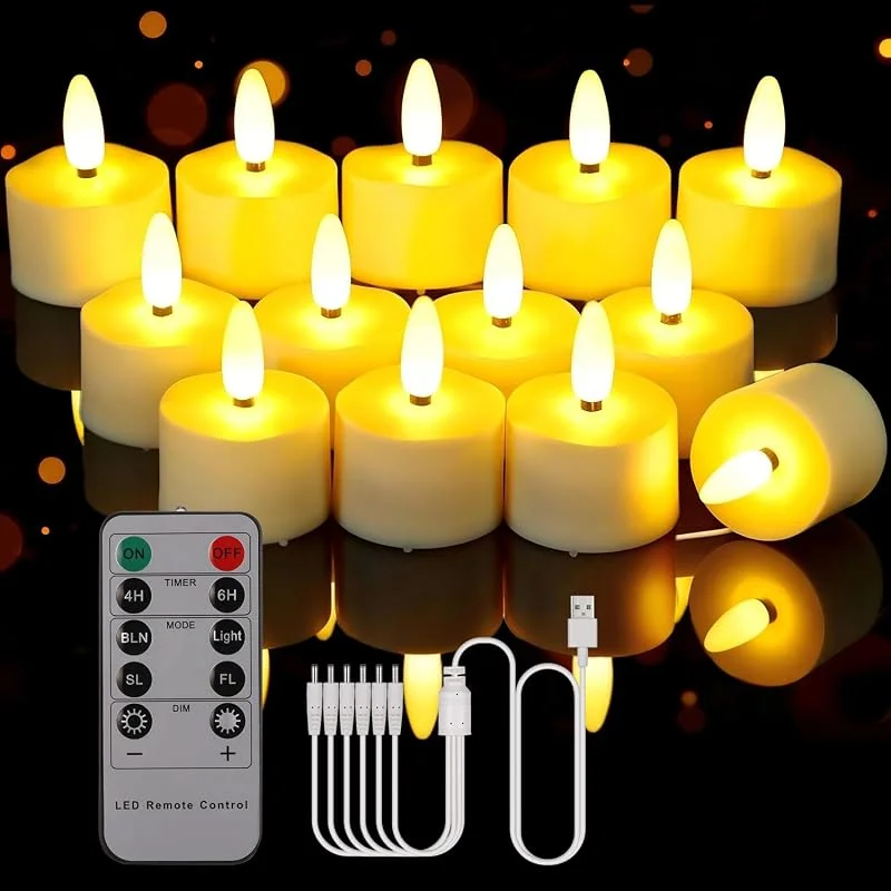 Besuche den Porashine-Store Wiederaufladbare Teelichter 6 Stück LED Kerzen Flackernd warmweiß, RGB mit Fernbedienung Timer USB Kabel 3D flammenlose für Zuhause Zimmer Tisch Halloween Weihnachtsdeko (6X 3D Warmweiß) — Kerzenlicht Abendessen