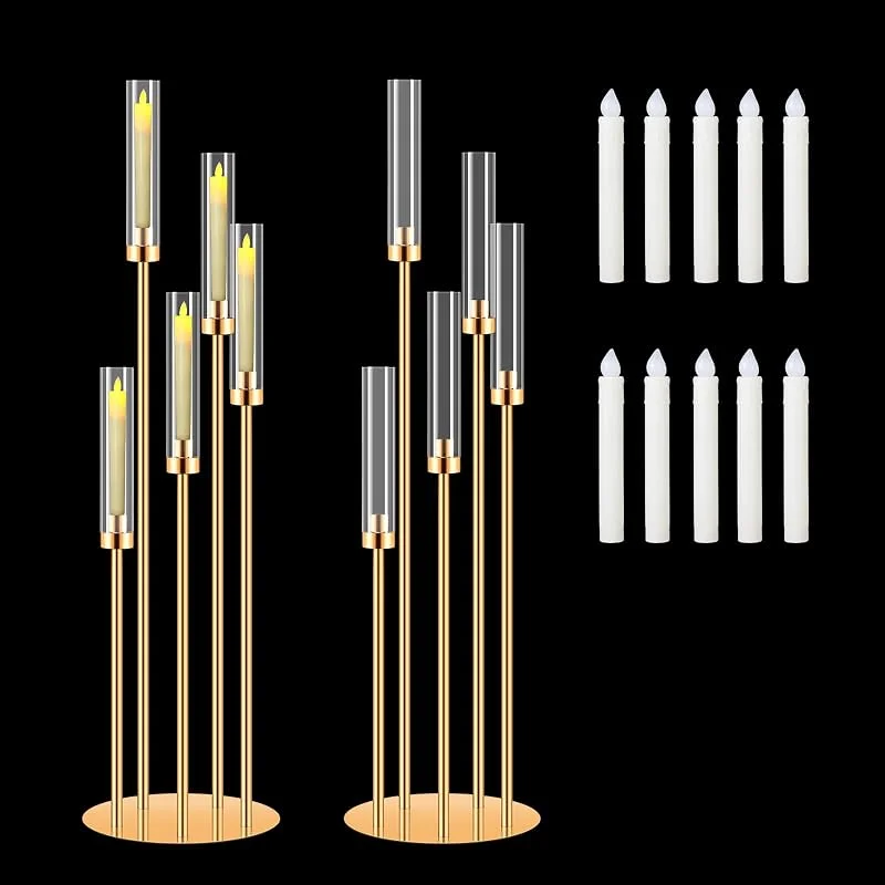 Marke: Cheloment Kerzenhalter mit 5 Armen, 106, 7 cm hoch, mit 20 LED-Kerzen, Kerzenständer für Tische, Hochzeitsdekoration, goldene Kerzenhalter für Hochzeit, Heimdekoration, Einweihungsgeschenk, 2 Sets — Kerzenlicht Abendessen