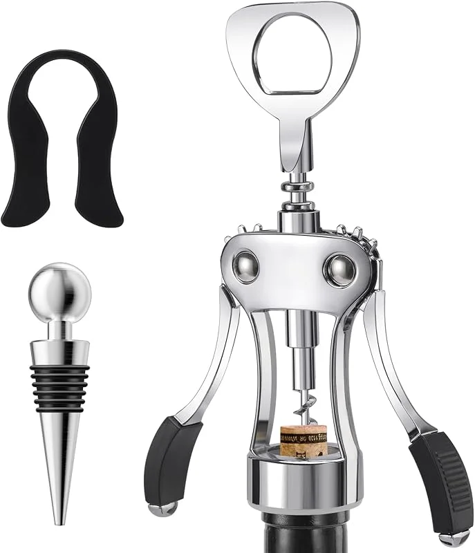 Marke: KORCCI Weinöffner mit Stopper, Cutter - Weinflaschenöffner-Bündel, Zinklegierung, Flügelkorkenzieher, strapazierfähig, Korkenzieher für Barkeeper, multifunktionaler Flaschenöffner für Küche, Restaurants, Bar — Wein und Festtafel