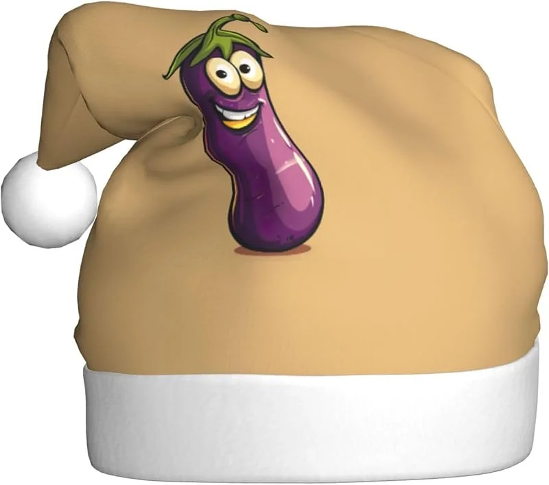 Marke: Tamiger Weihnachtsmützen mit Cartoon-Auberginen-Druck, saisonal, festlich — Weihnachtsmode
