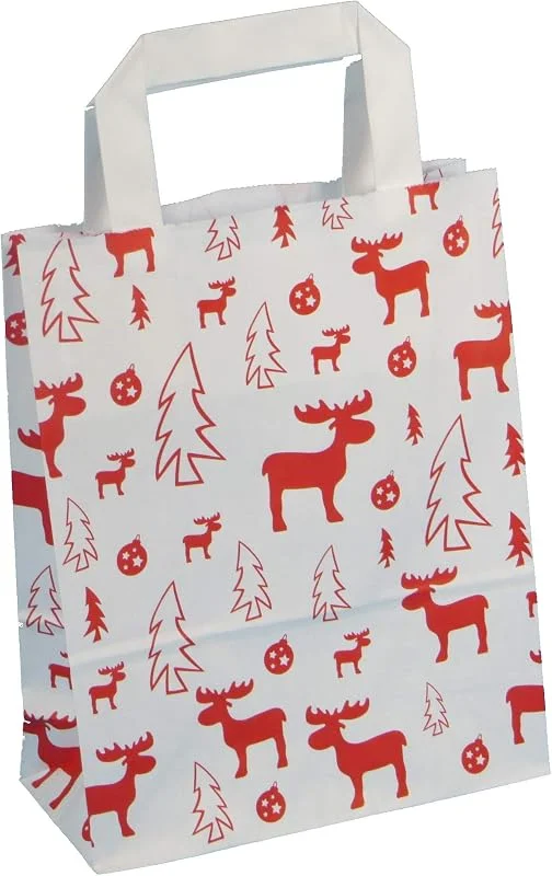 Marke: Pro DP 250 Papiertragetaschen Geschenktüten Weihnachten Papiertüten Tragetaschen Papier mit Weihnachtsmotiv Elch Rot auf Weiß 3 Verschiedene Größen zur Auswahl (22+11x28cm) — Geschenkverpackung