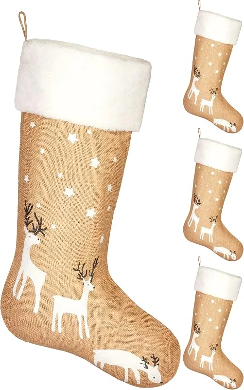 Besuche den BRUBAKER-Store BRUBAKER 4er Set Weihnachtsstrumpf zum Befüllen und Aufhängen - 52 cm groß - Nikolausstrumpf für Weihnachten und Nikolaus - Weihnachtsdeko Strümpfe Weihnachtssocken aus Jute - Rentiere Sterne Weiß
