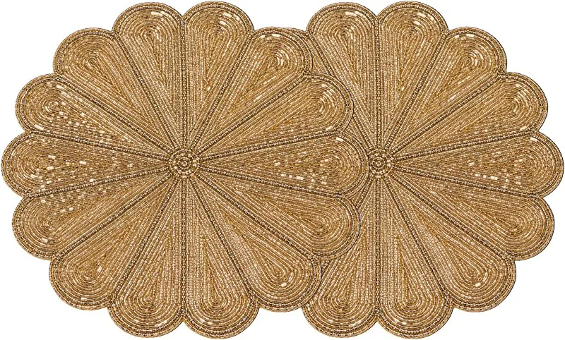 Marke: CLEENTABLE CLEENTABLE Handgefertigte Perlen-Tischmatte – 33 cm runde Platzteller, 2 Stück, Elegantes Juwelen-Gold-Design mit robusten Glasperlen und Polyester-Rückseite für ESS-, Kaffee- und Outdoor-Tische — Küche & Haushalt