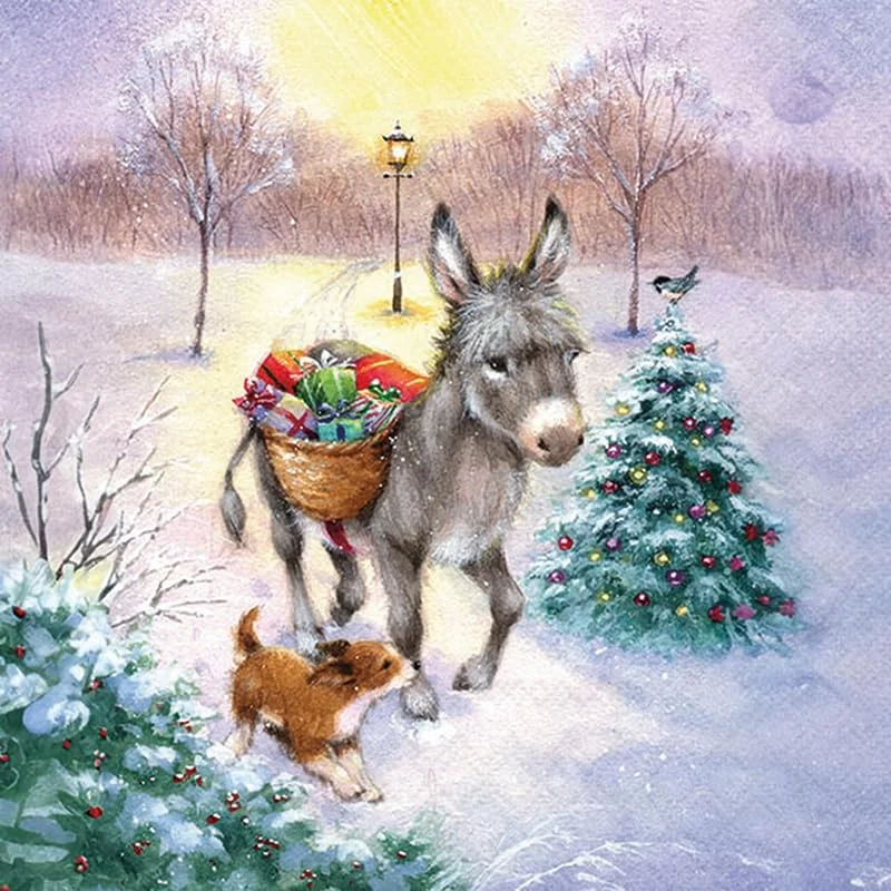 Besuche den Ambiente-Store 20 Servietten Weihnachten Esel mit Geschenkkorb als Tischdeko. Papierservietten mit Motiv. Auch für Decoupage und Serviettentechnik 33x33cm — Advent und Tisch