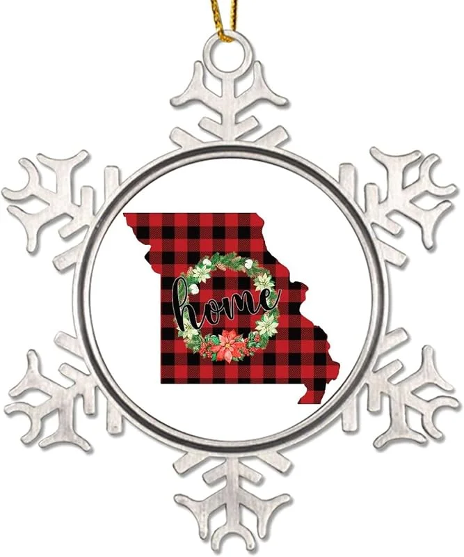Marke: CowkissSign Weihnachtskranz Missouri Baumdekoration Ornamente American State USA States Metall Schneeflocke Weihnachten Ornament Home State Rot und Schwarz Plaid Hängende Weihnachtsfeier Supplies — Weihnachtsdeko