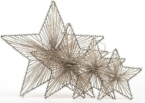 Marke: Kaemingk dekorative weihnachtliche Stern-Anhänger Sisal mit Glimmer natur-champagner im 4-er Set ca. 35, 30, 25, 18 cm — Weihnachtsdeko