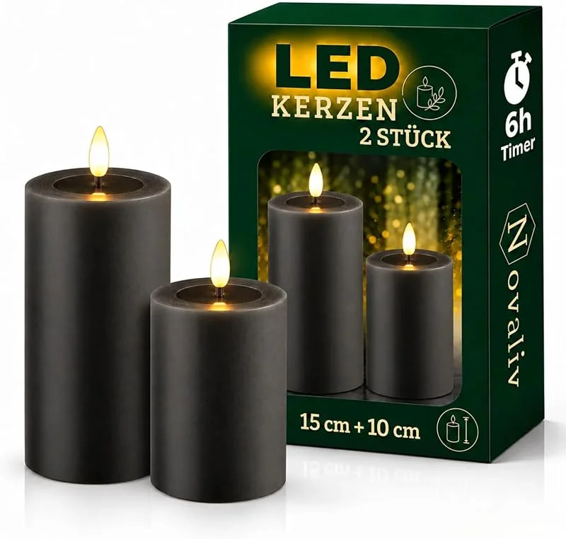 Besuche den Novaliv-Store Novaliv 2er Set Led Kerzen flackernde Flamme mit Echtwachspiegel grau 7, 5cm ø 1x 15 cm, 1x10 cm Höhe, LED Kerzen mit Timerfunktion, 2 AA Batterien nötig, LED Echtwachs Stumpenkerzen grau — Advent und Tisch