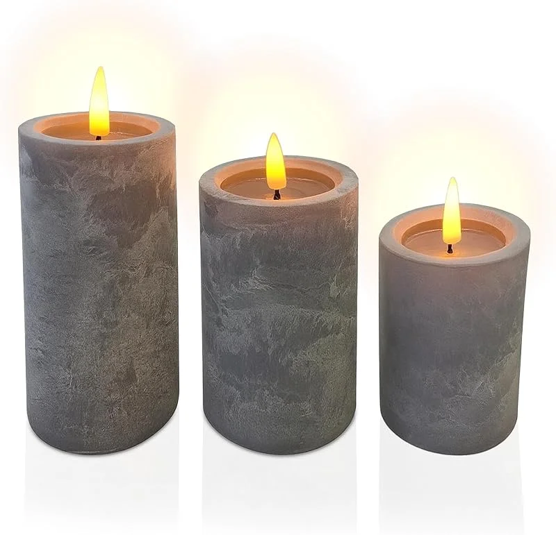 Besuche den Relaxdays-Store Relaxdays LED Kerzen, 3er Set, flackernde Flamme, warmweiß, Echtwachs, grau — Kerzenlicht Abendessen
