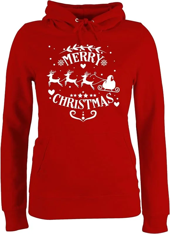 Besuche den Shirtracer-Store Shirtracer - Pullover Damen Hoodie Frauen - Weihnachten Geschenke Bekleidung - Merry Christmas Weihnachtsmann und Rentiere weiß — Weihnachtsmode