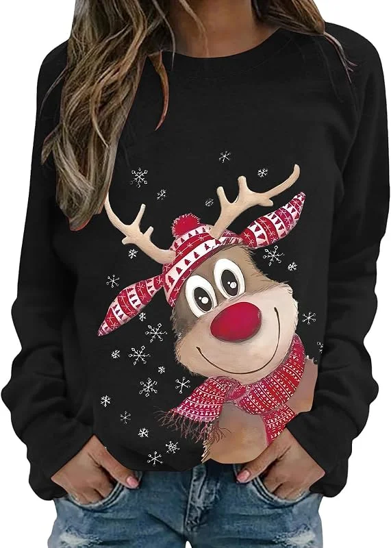 Marke: Nuoke Weihnachtspullover Damen Lustige Weihnachten Ugly Christmas Sweatshirt Baumwolle Pulli Rundhals Hirschkopf Muster Herbst Winter Sweater — Weihnachtsmode