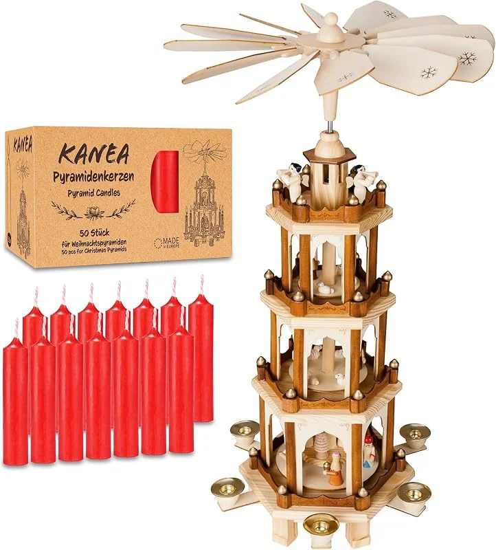 Besuche den BRUBAKER-Store BRUBAKER Weihnachtspyramide inkl. 50er Pack Pyramidenkerzen Rot - Große 4-stöckige Holzpyramide mit Holz Figuren Handbemalt - 60 cm Pyramide Weihnachten - Drehbare Tischpyramide - Natur — Weihnachtsdeko