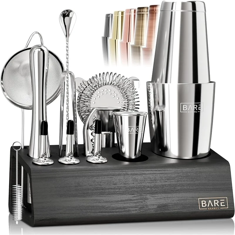 Marke: Bare Barrel Pro Mixology Barkeeper-Set Bar-Set, 14-teiliges Boston Cocktail-Shaker-Set, Professionelle Barzubehör-Mixwerkzeuge für Barkeeper zu Hause, Bambusständer Rezeptkarten, Geschenkset für Sie und Ihn — Wein und Festtafel