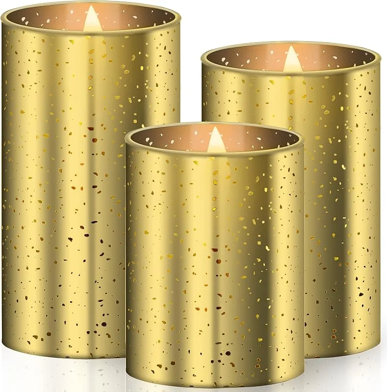 Besuche den KESSER-Store KESSER® LED Kerzen 3er Set Flammenlose Kerze Timerfunktion Timer Dimmer Echtwachskerze 10cm, 12, 5cm, 15cm Hoch Realistisch Flackernde Flacker-Licht Led-Flammen Echtwachs Deko Gold — Kerzenlicht Abendessen
