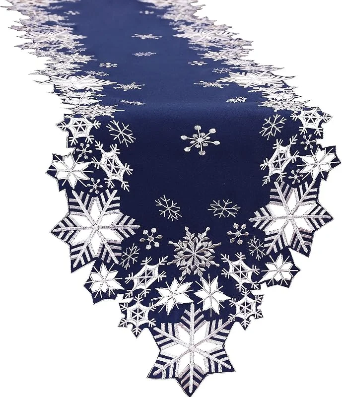 Marke: Simhomsen Simhomsen Bestickte Schneeflocken Tischläufer für Weihnachten, Urlaub und Winter (Marineblau, 35, 6 x 175, 6 cm) — Küche & Haushalt