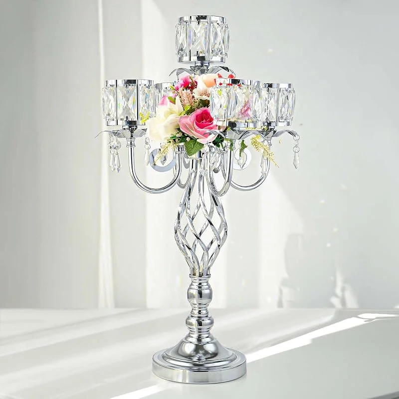Marke: kolnlala 58, 9 cm hoch, eleganter und schicker 5-Armiger Kristall-Kerzenhalter, Tischdekoration, Teelichthalter, Kerzenhalter für wunderschöne Hochzeiten, Partys, Tischdekoration (1, Silber) — Kerzenlicht Abendessen