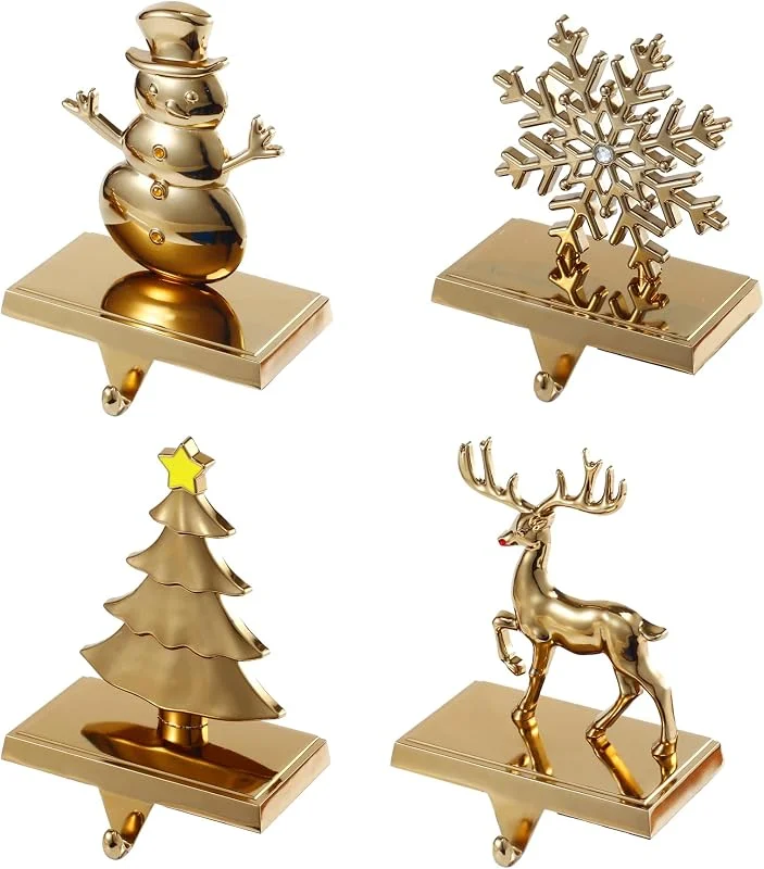 Marke: Kersiki Set mit 4 antiken goldenen Weihnachtsstrumpfhaltern für Kaminsims, Weihnachtsstrumpf-Aufhänger-Set, Schneeflocke, Schneemann, Rentier, Baum, Strumpfhalter für Kaminsims, Metall-Kaminhaken für — Weihnachtsdeko