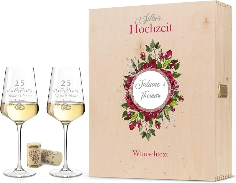 Besuche den GRAVURZEILE-Store GRAVURZEILE Weißweingläser mit Gravur - Silberhochzeit mit Holzkiste — Wein und Festtafel