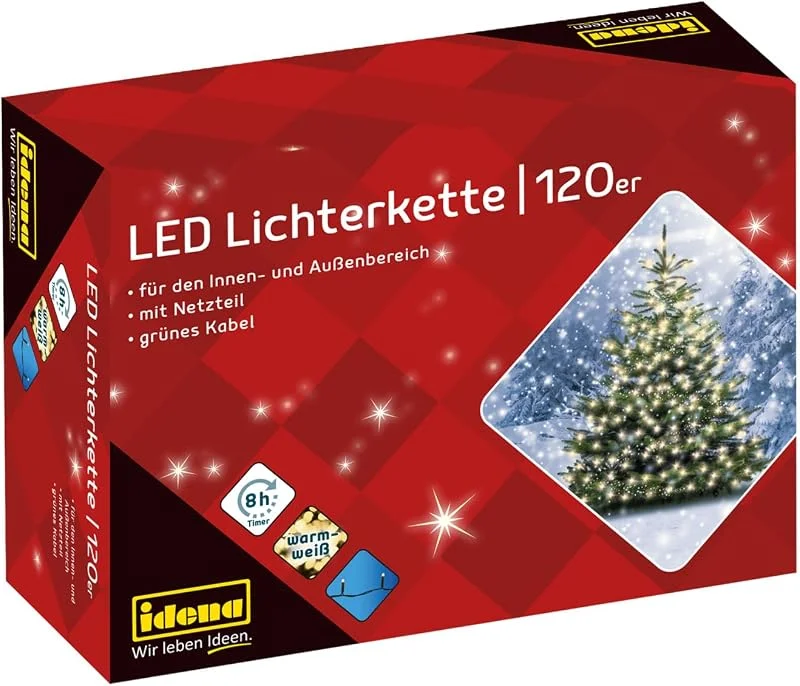 Besuche den Idena-Store Idena 8325097 - LED Lichterkette mit 120 LEDs in Warmweiß, mit 8 Stunden Timer Funktion und Transformator, ca. 19, 9 m lang, Deko für Innen & Außen, als Party Deko, Weihnachtsdeko, zur Hochzeit — Weihnachtsbeleuchtung