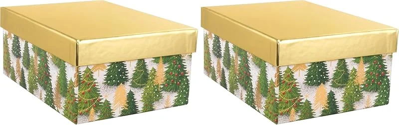 Besuche den Idena-Store Idena 31494 - Geschenkbox mit Deckel in der Größe 20 x 15 cm, Geschenkschachtel für Weihnachten mit Tannenbäumen in Grün und Gold (Packung mit 2) — Geschenkverpackung