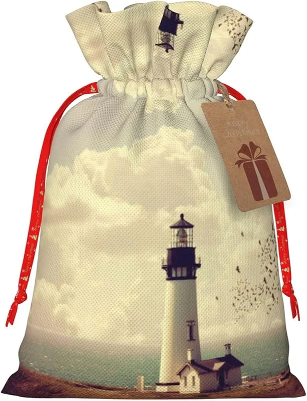 Marke: WURTON WURTON Geschenktüte mit Kordelzug, Motiv: alter Leuchtturm, Leinwand-Geschenktüten, Geschenktüten für Weihnachten, 30, 5 x 20, 3 cm — Geschenkverpackung