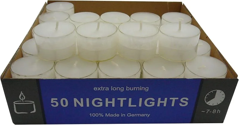 Besuche den Klocke Kerzen-Store safe candle Nightlights Teelichter, transparente Polycarbonathülle, 8 Stunden Brenndauer, 50 Stück — Kerzenlicht Abendessen