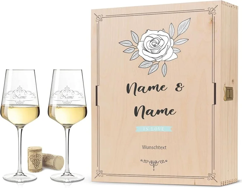 Besuche den GRAVURZEILE-Store GRAVURZEILE Weißweingläser mit Gravur - Vintage Weinranke mit Holzkiste — Wein und Festtafel