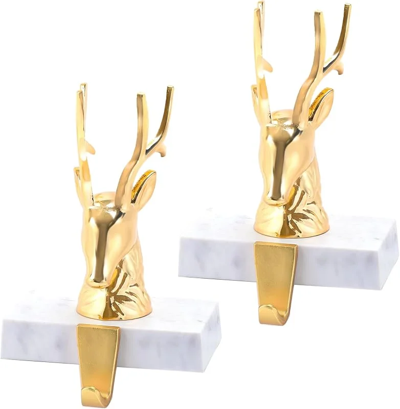 Marke: Komiikka Weihnachtsstrumpfhalter für Kaminsims, 2er-Set, Rentier, Metall, Kaminstrümpfe, Haken für Weihnachtsregal, Kamin, Topper, Dekorationen (Chrom, Gold) — Weihnachtsdeko