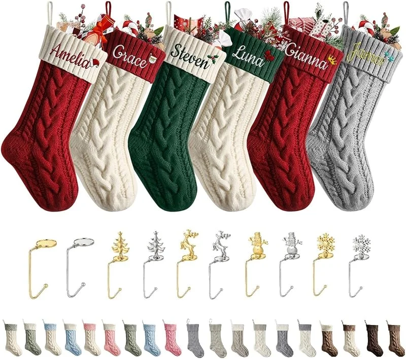 Besuche den papasgix-Store papasgix Weihnachtsstrumpf Personalisiert mit Name Nikolausstrumpf 46cm große gestrickte Weihnachtssocken Icon Christmas Stockings Haken Weihnachtsdeko (Bunt Twist-Muster, Name, 1PC)