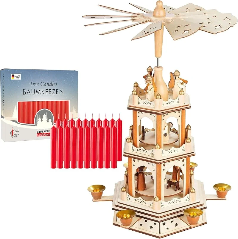 Besuche den BRUBAKER-Store BRUBAKER Weihnachtspyramide inkl. 20er Pack Kerzen Rot - Holzpyramide mit 3 Etagen & Holz Figuren Handbemalt - 45 cm Pyramide - Drehbare Tischpyramide — Weihnachtsdeko