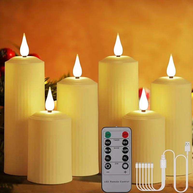 Besuche den Porashine-Store Poraschine Wiederaufladbare LED Kerzen mit 10-Tasten Fernbedienung, Outdoor Wasserdichte Flammenlose Kerzen mit 6, 8H Timer, Römische Stumpenkerze im 6er Set Elfenbein, Type-C (beige-6X) — Kerzenlicht Abendessen