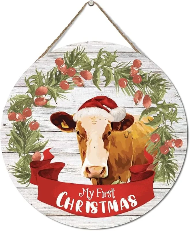 Marke: Wodevor Personalisiertes Holzschild zum Aufhängen, Bauernhaus-Weihnachtsdekoration, 30, 5 x 30, 5 cm, Weihnachtskranz, Tier, Kuh, My First Christmas, Holzschild, rustikales Holzschild, Wandschild