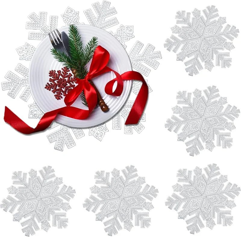 Marke: Rouhuhura 6 Stück Platzsets Schneeflocken Tischset, PVC Weihnachten Platzset Tischmatte Schneeflocke Hohles Tischset für Weihnachten, Geburtstag, Hochzeit Bankett Waschbar Wärmedämmung Platz (Round-Silber) — Advent und Tisch