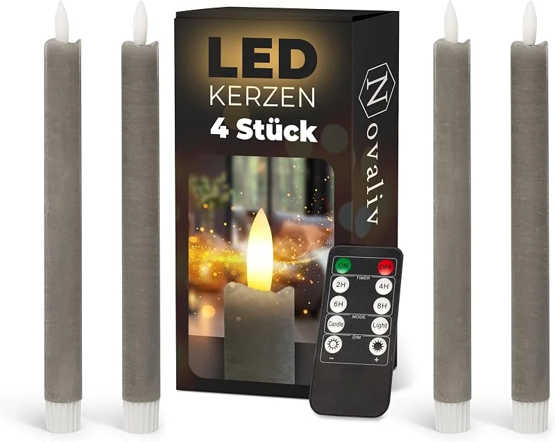 Besuche den Novaliv-Store Stabkerzen LED mit Timer TAUPE GRAU 4 Stück indoor 6 Stunden - ECHTWACHS 23cm Höhe für Kerzen 2, 2cm Durchmesser 2 AAA Batterien notwendig LED Stabkerzen flackernde Flamme bewegliche Flamme Licht — Advent und Tisch