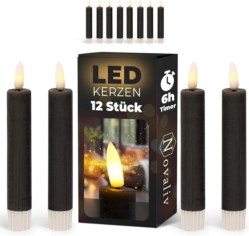 Besuche den Novaliv-Store Stabkerzen LED mit Timer SCHWARZ 12 Stück indoor 6 Stunden ECHTWACHS 15cm Höhe für Kerzen 2, 2cm Durchmesser 2 AAA Batterien notwendig LED Stabkerzen 4er Set SCHWARZ (drei Mal) bewegliche Flamme Licht — Advent und Tisch